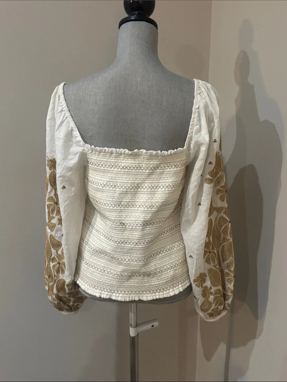 Anthropologie Smocked Embroidered Puff Sleeve Square Neck Top Peasant Blouse